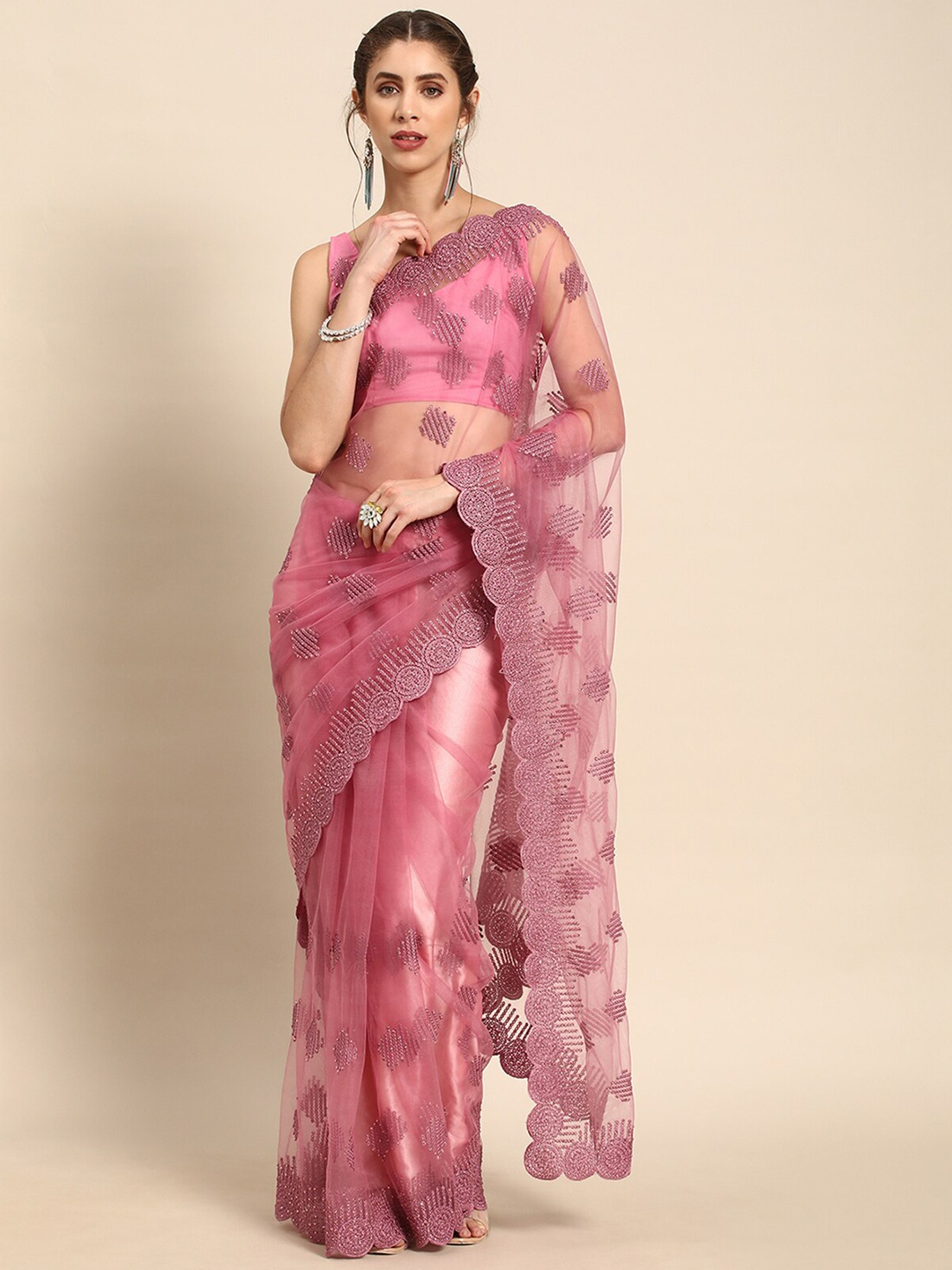 

ODETTE Abstract Embellished Beads and Stones Saree, Purple