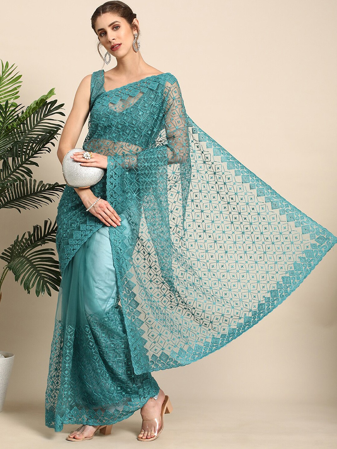 

ODETTE Geometric Embroidered Net Saree, Teal
