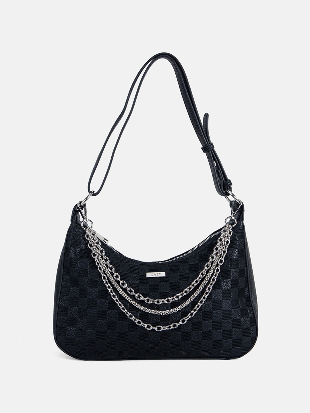 

Kazo PU Checked Oversized Structured Hobo Bag, Black