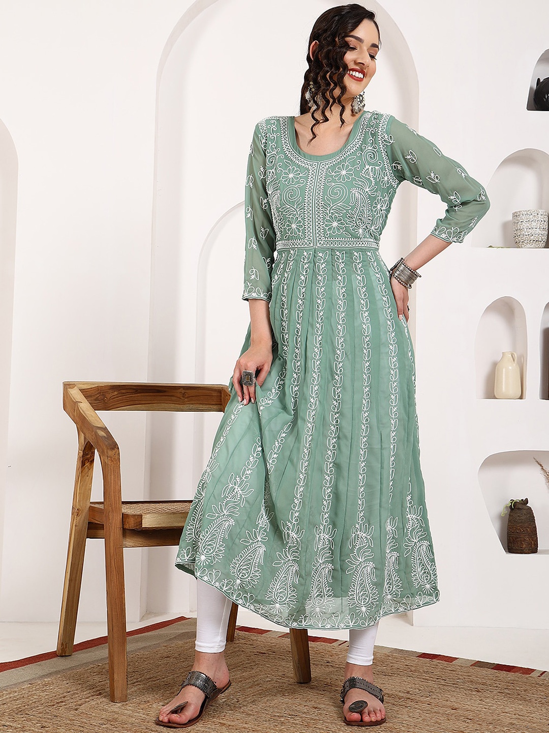 

HERE&NOW Ethnic Motifs Embroidered Chikankari Georgette A-line Kurta, Sea green