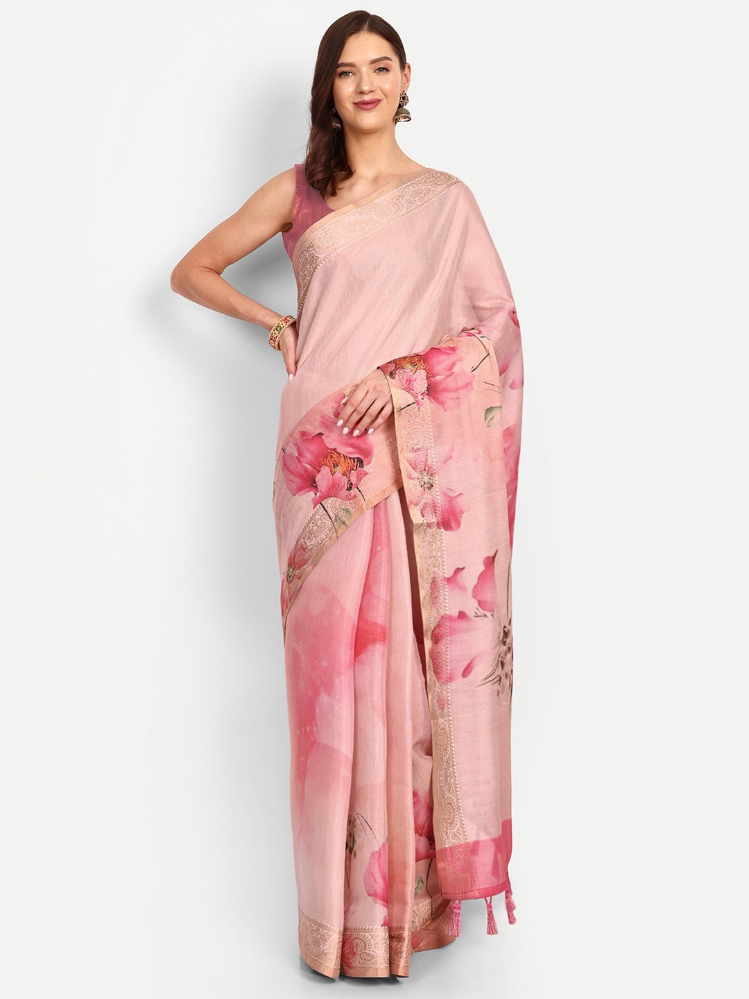 

DrapeMall Floral Printed Zari Tissue Saree, Pink