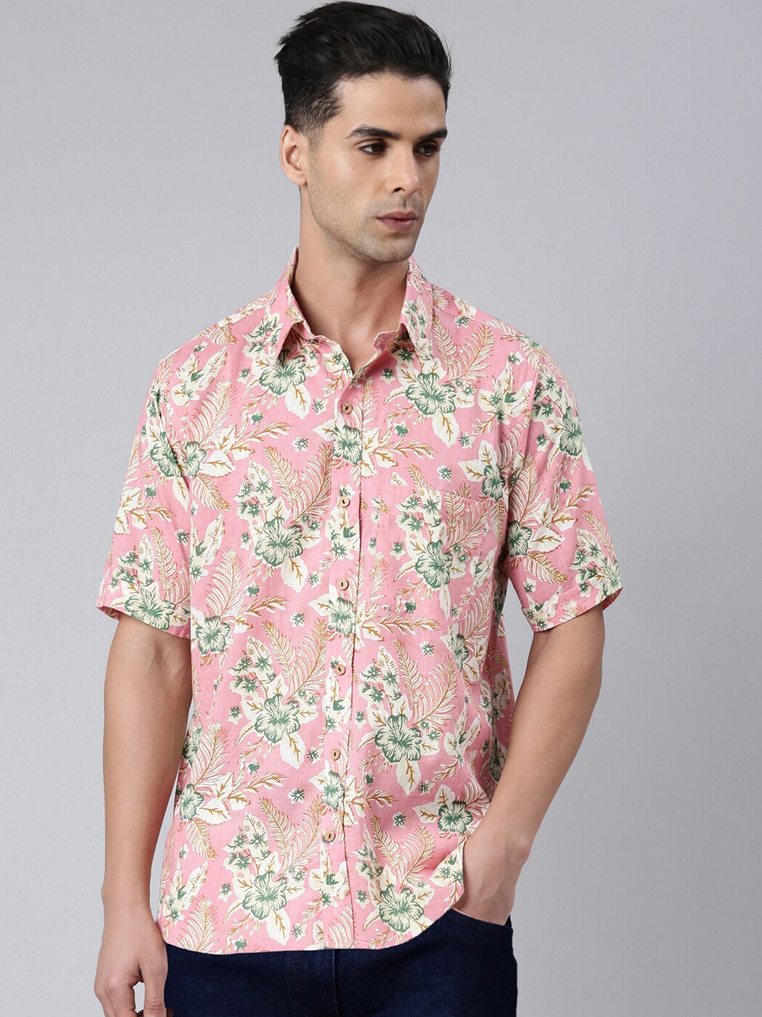 

ERISHA Spread Collar Comfort Floral Printed Casual Cotton Shirt, Peach