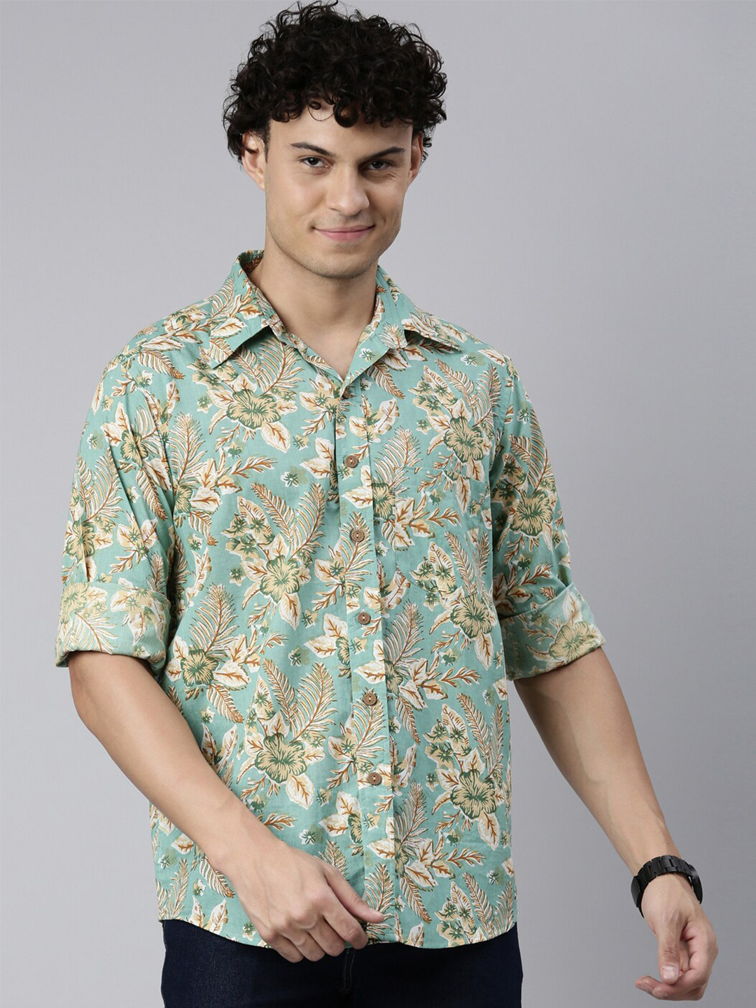 

ERISHA Spread Collar Comfort Floral Printed Casual Cotton Shirt, Green
