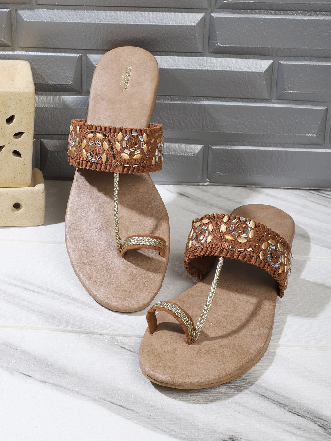 

Anouk Beige & Gold-Toned Embellished Suede One Toe Flats