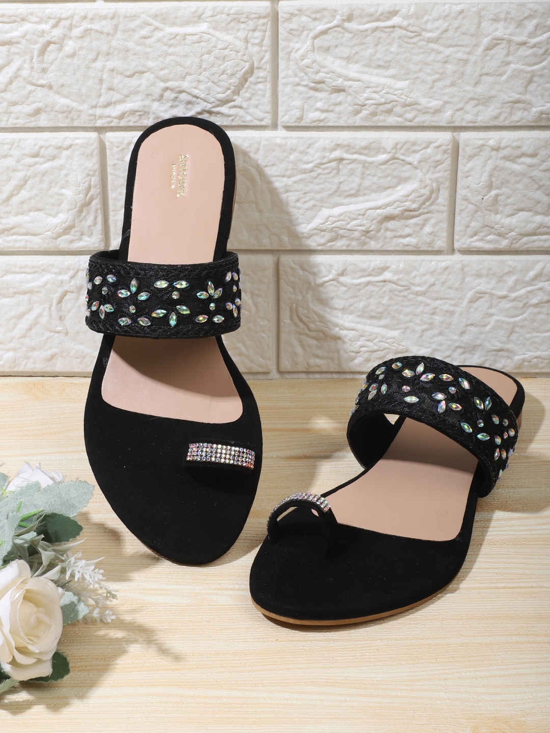 

Anouk Black Ethnic Embellished Suede One Toe Flats