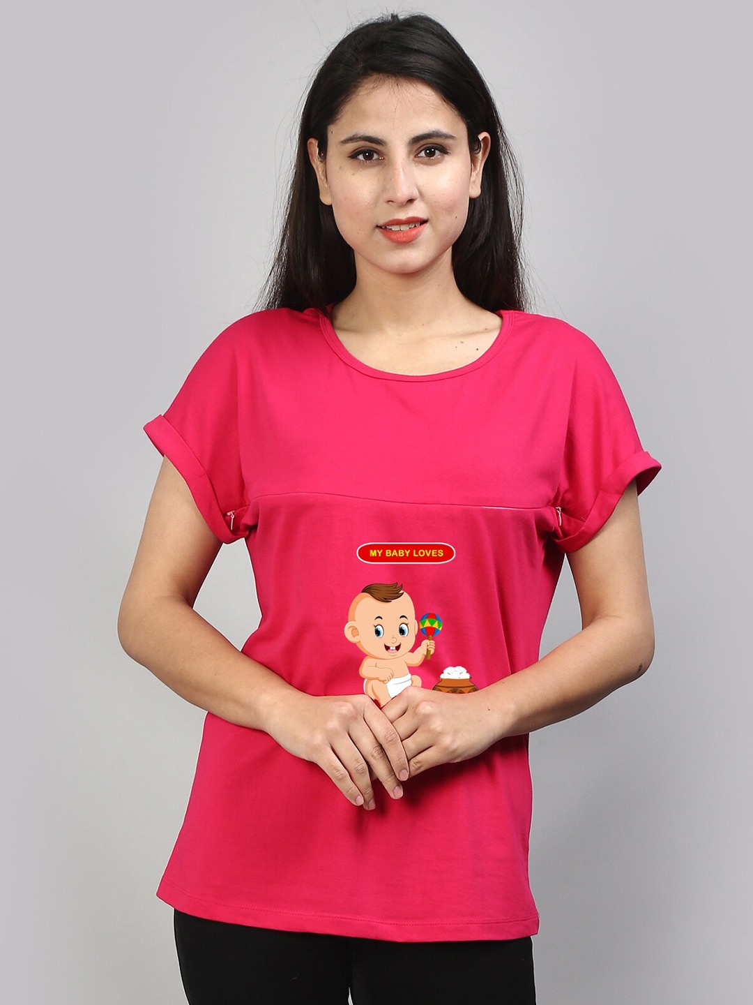 SillyBoom Graphic Printed Extended Sleeves Maternity T-shirt, Pink
