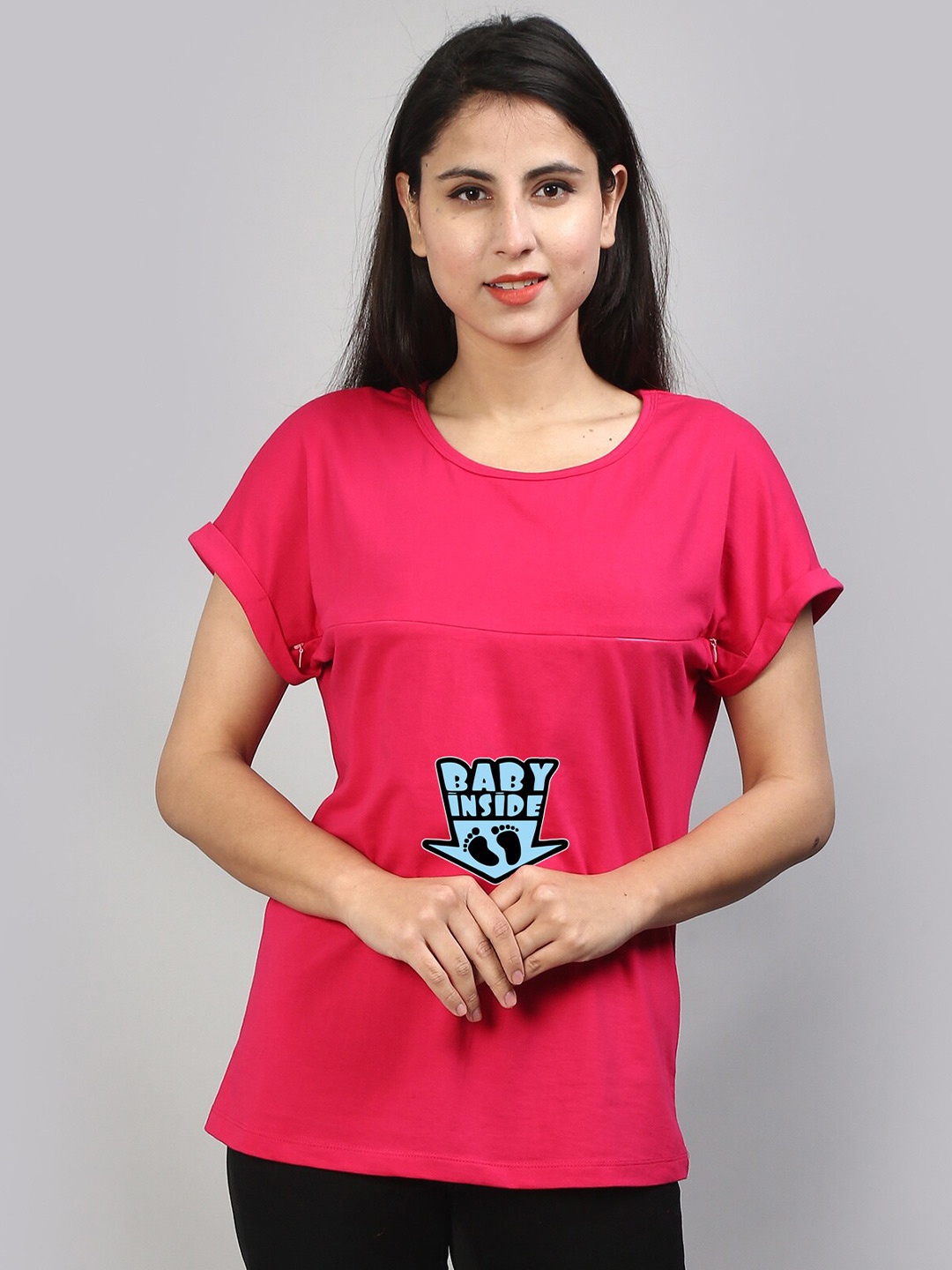 SillyBoom Typography Printed Round Neck Cotton Regular Maternity T-shirt, Pink