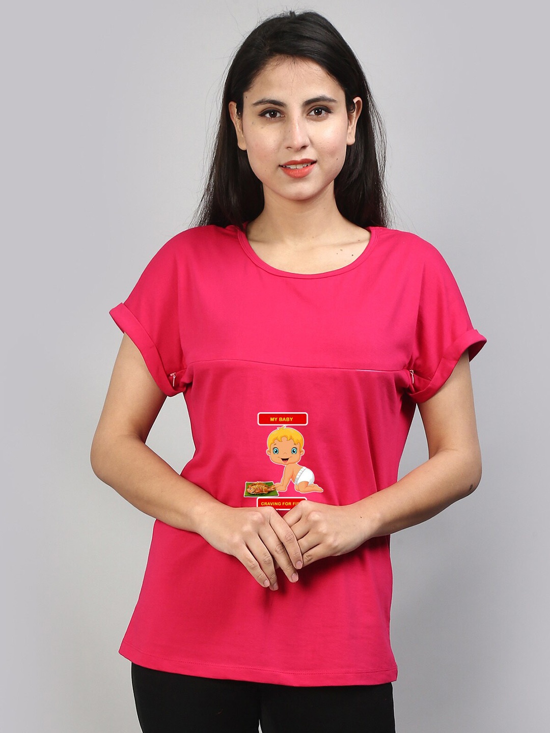 

SillyBoom Graphic Printed Extended Sleeves Maternity T-shirt, Pink