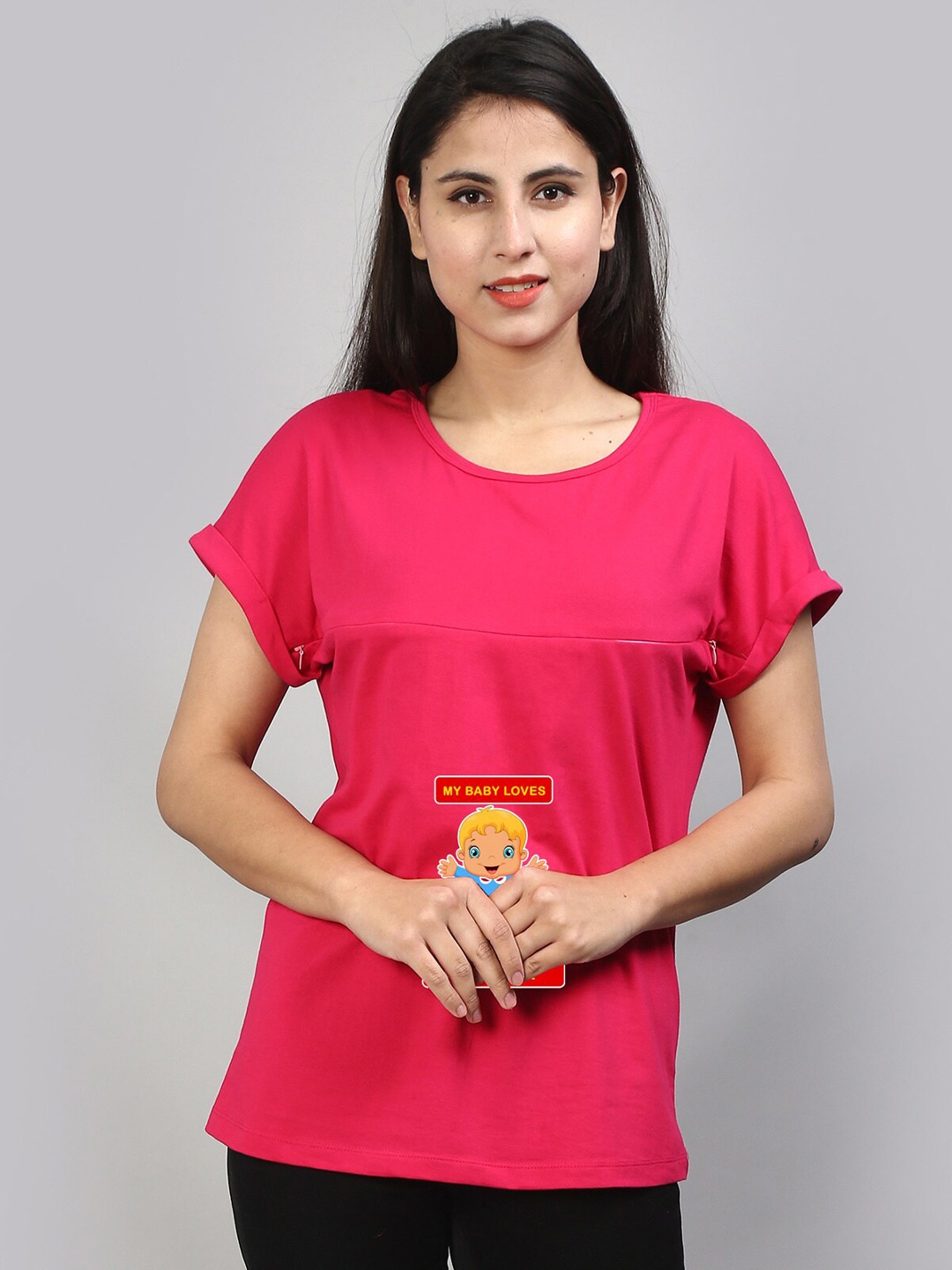

SillyBoom Graphic Printed Extended Sleeves Maternity T-shirt, Pink