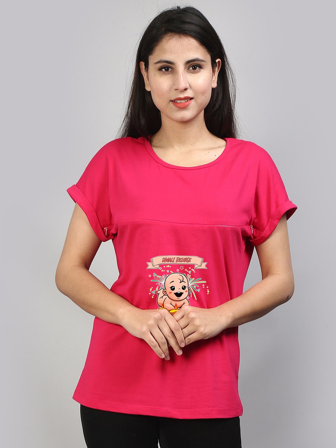 

SillyBoom Graphic Printed Extended Sleeves Maternity T-shirt, Pink