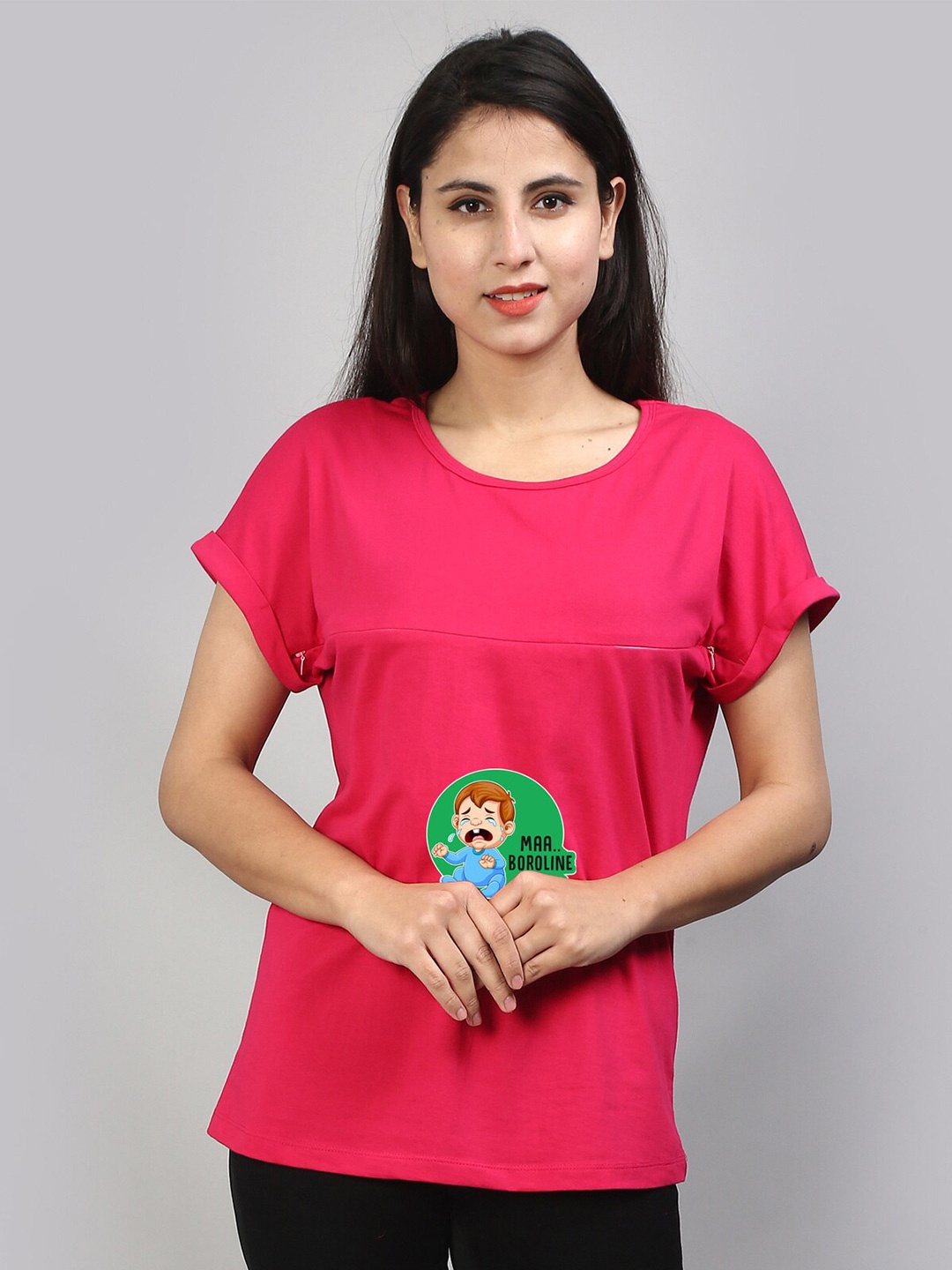 SillyBoom Graphic Printed Round Neck Cotton Regular Maternity T-shirt, Pink