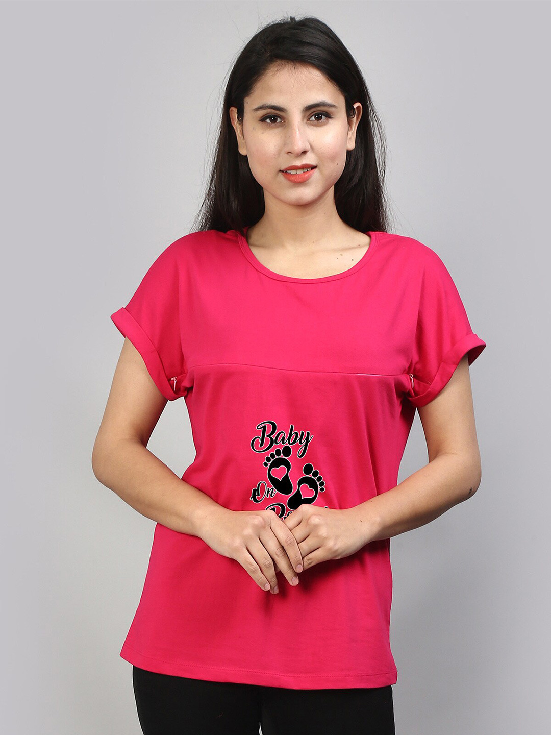 

SillyBoom Typography Printed Round Neck Cotton Regular Maternity T-shirt, Pink