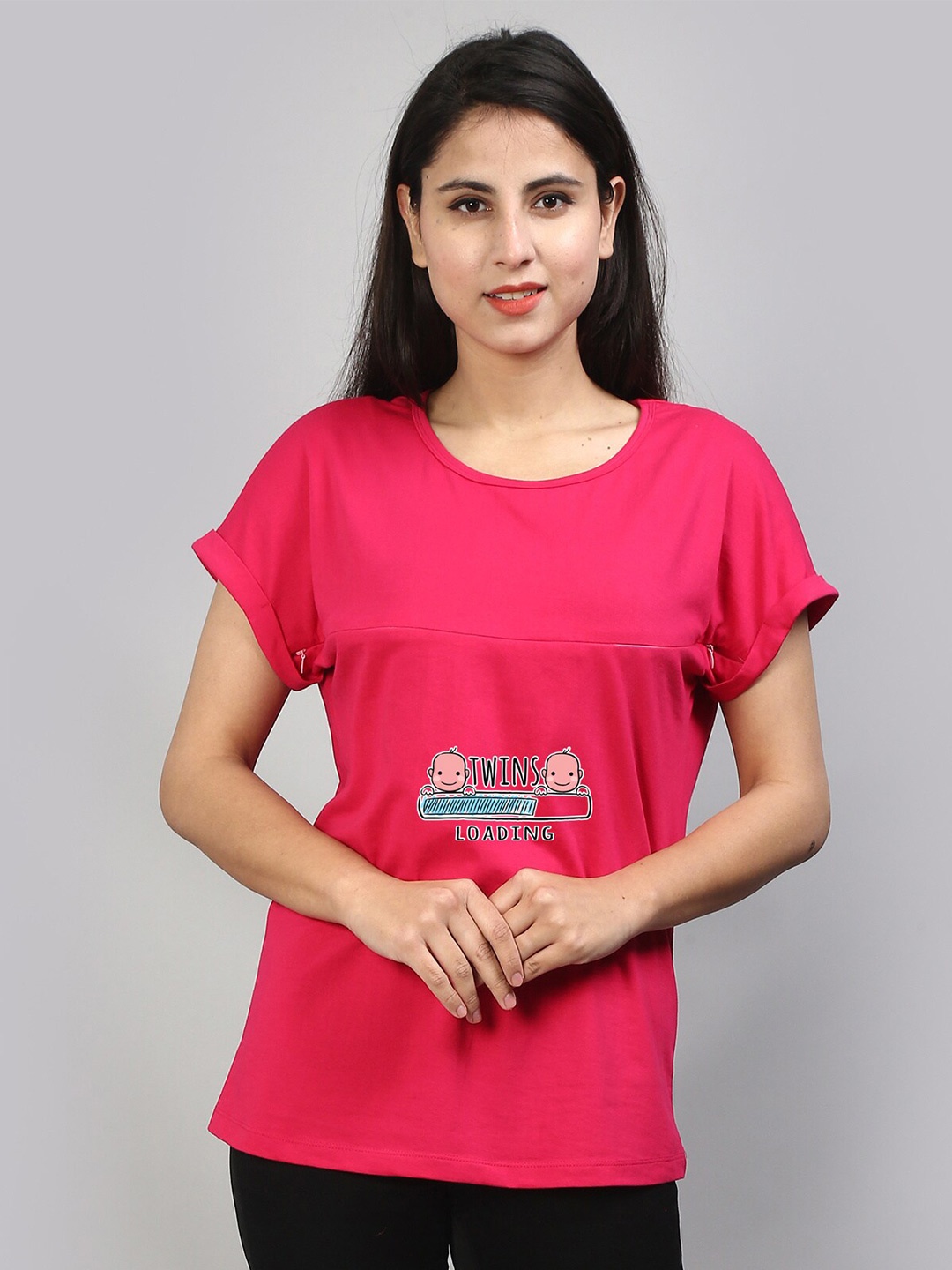 

SillyBoom Graphic Printed Round Neck Cotton Regular Maternity T-shirt, Pink