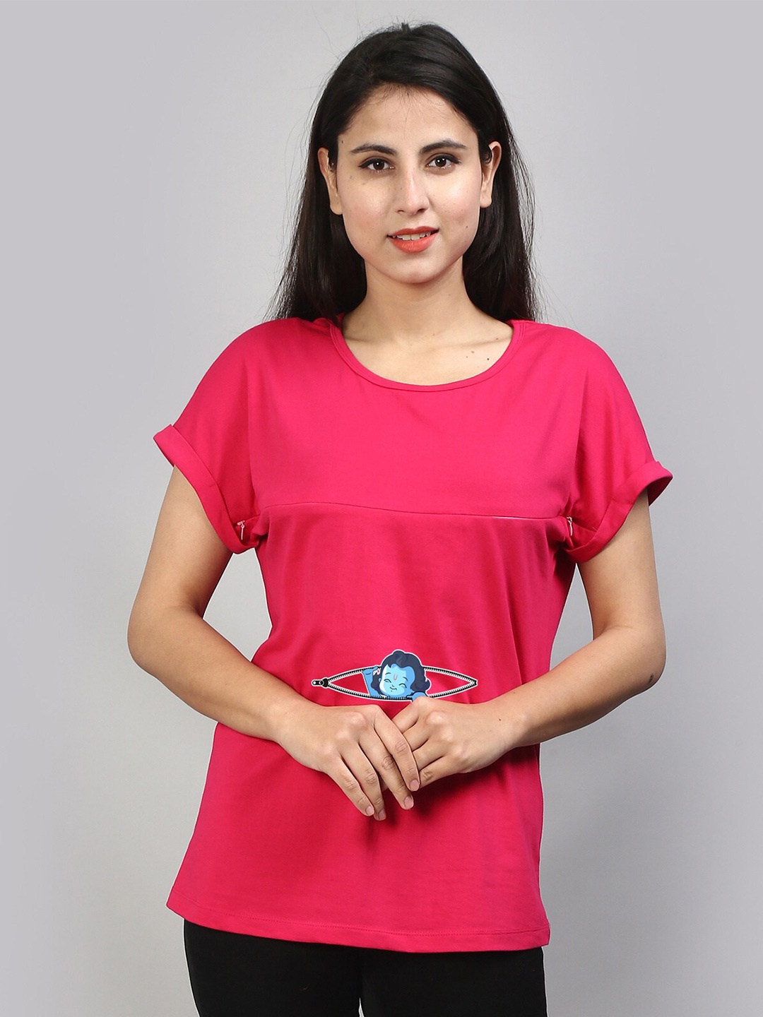 

SillyBoom Graphic Printed Round Neck Cotton Regular Maternity T-shirt, Pink