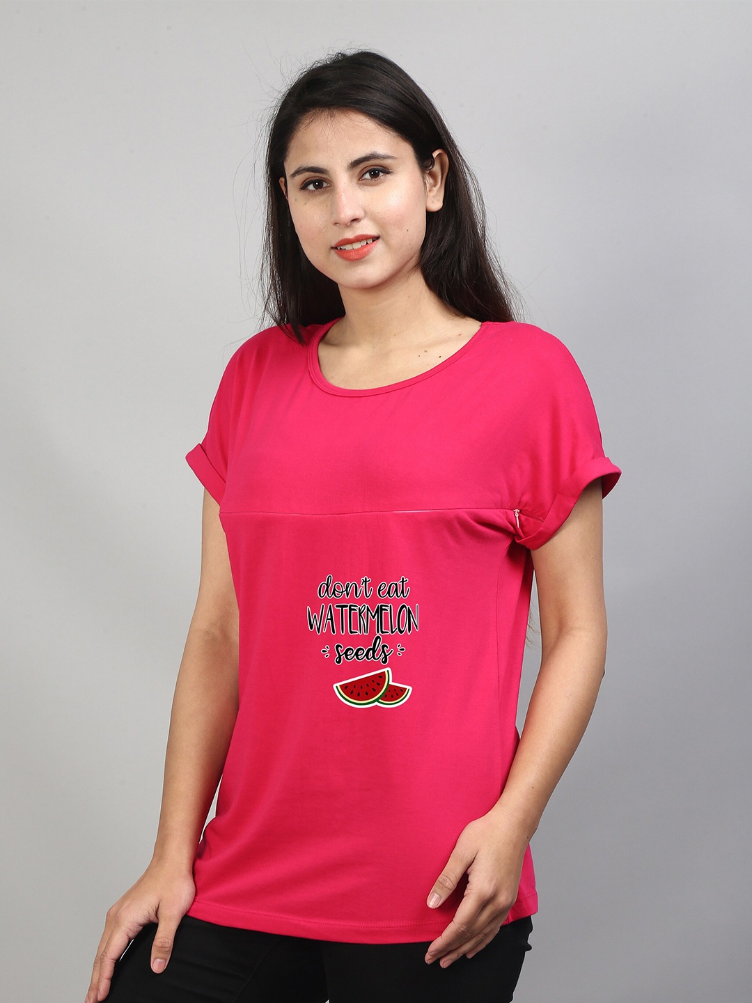 

SillyBoom Round Neck Printed Maternity T shirt, Pink