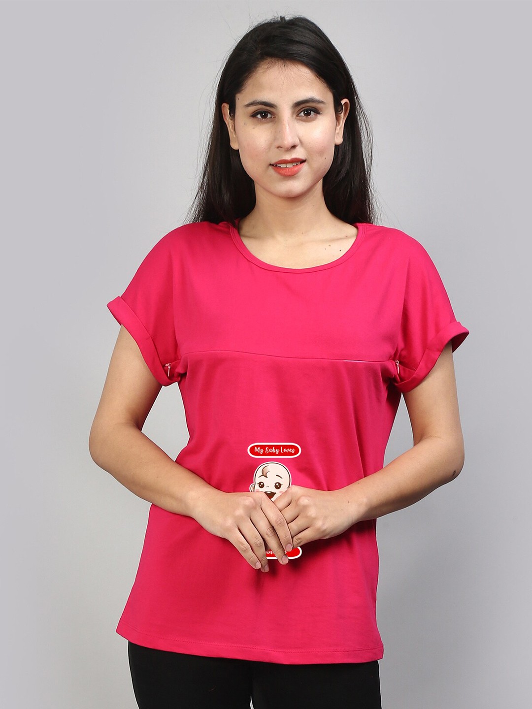 

SillyBoom Graphic Printed Extended Sleeves Maternity T-shirt, Pink