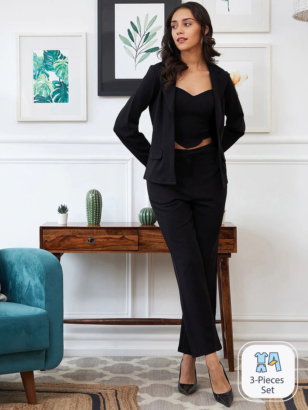 

UDBHAV TEXTILE Sweetheart Neck Crop Top & Trouser With Blazer, Black