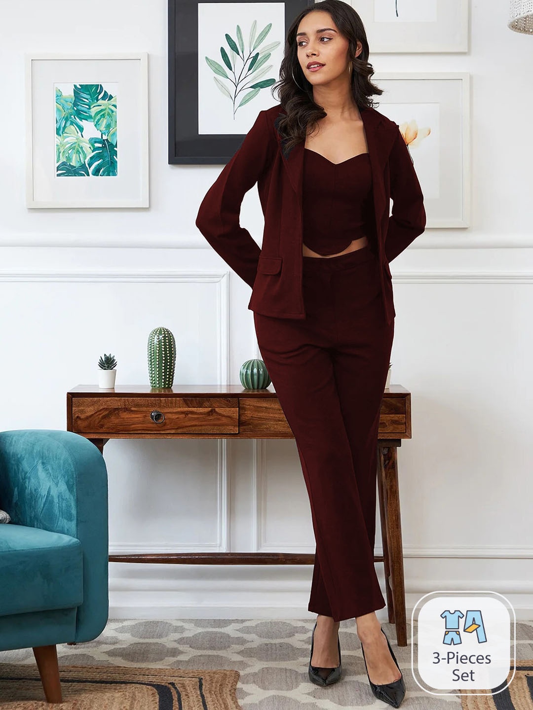 

UDBHAV TEXTILE Sweetheart Neck Crop Top & Trouser With Blazer, Maroon