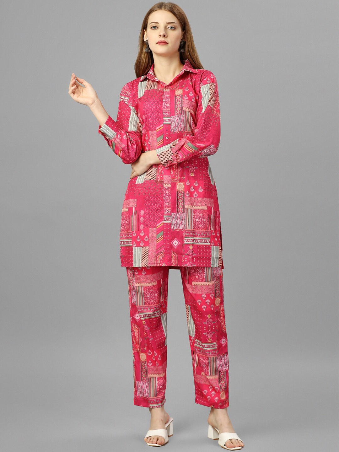 

UDBHAV TEXTILE Ethnic Motifs Printed Shirt Collar Long Sleeve Regular Kurta With Trousers, Pink
