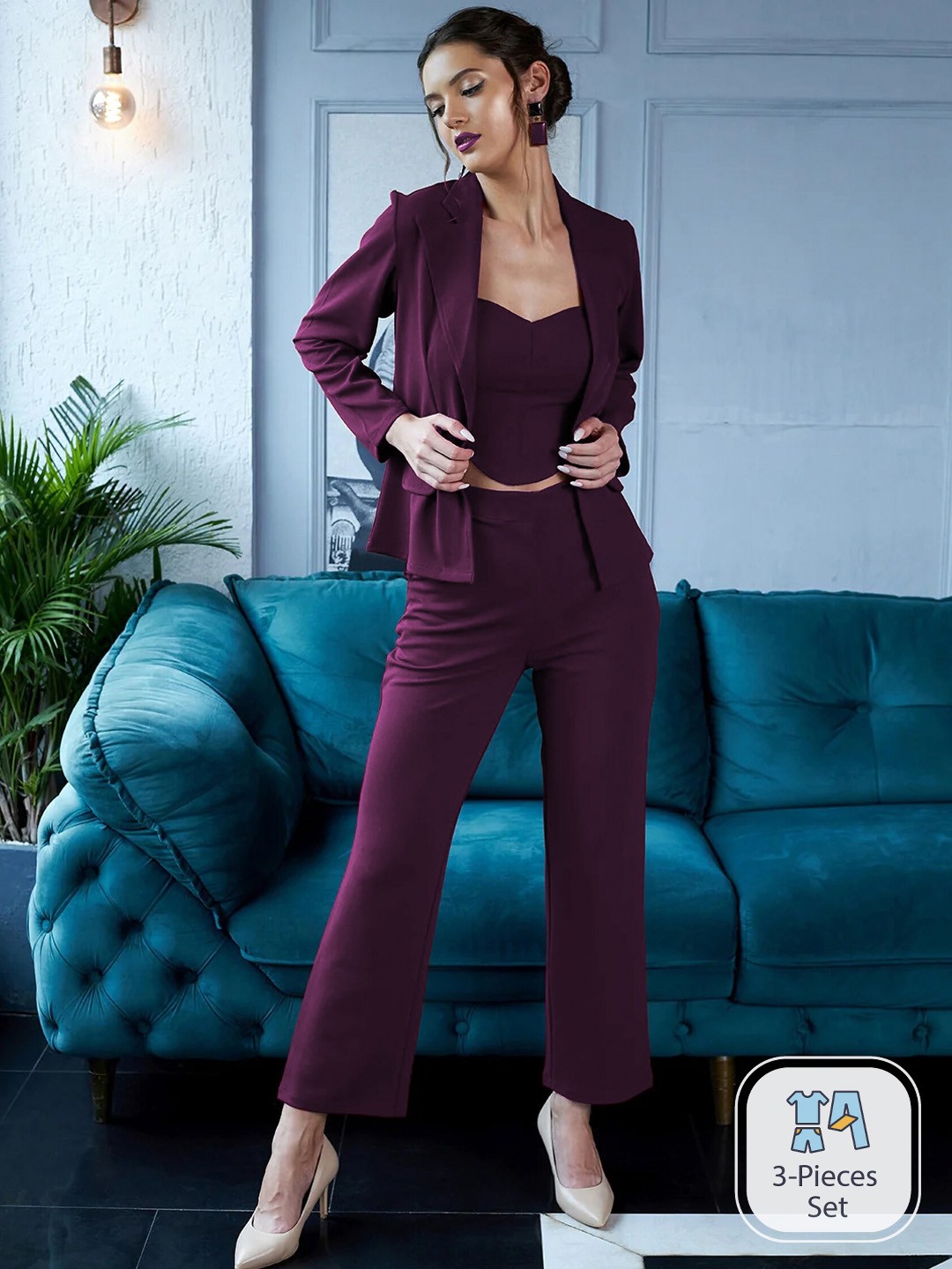 

UDBHAV TEXTILE Sweetheart Neck Crop Top & Trouser With Blazer, Purple