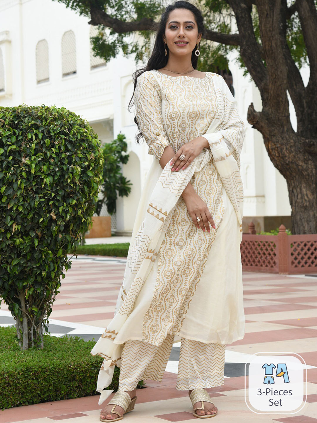 

Aaheli Ethnic Motifs Printed Panelled Chanderi Cotton Kurta With Pyjamas & Dupatta, Off white