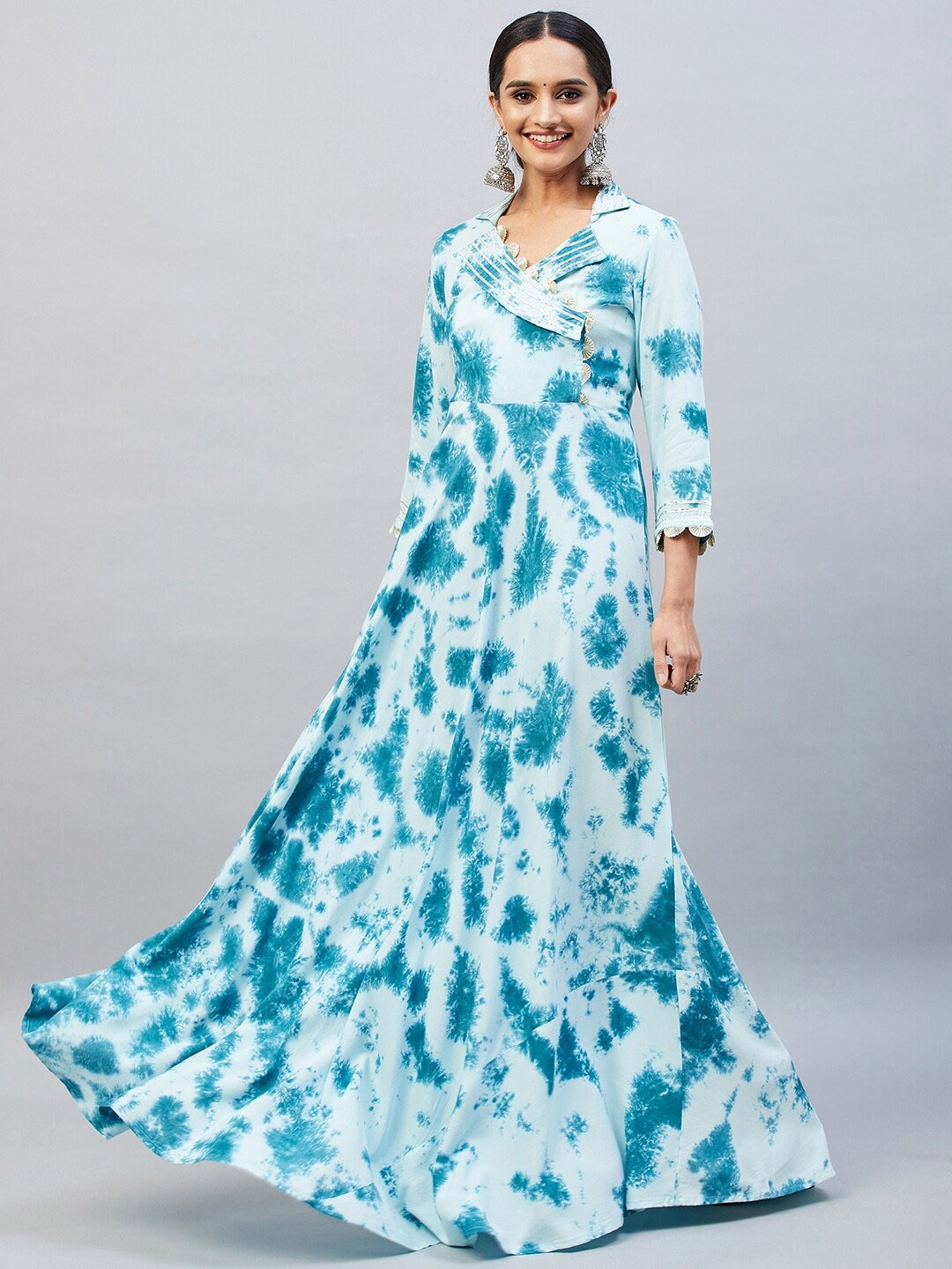 

Aaheli Tie and Dye Printed Shirt Collar Gotta Patti Maxi Ethnic Dress, Blue