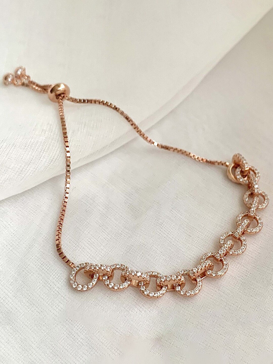 

Unniyarcha Sterling Silver Rose Gold-Plated Zircon Studded Link Bracelet