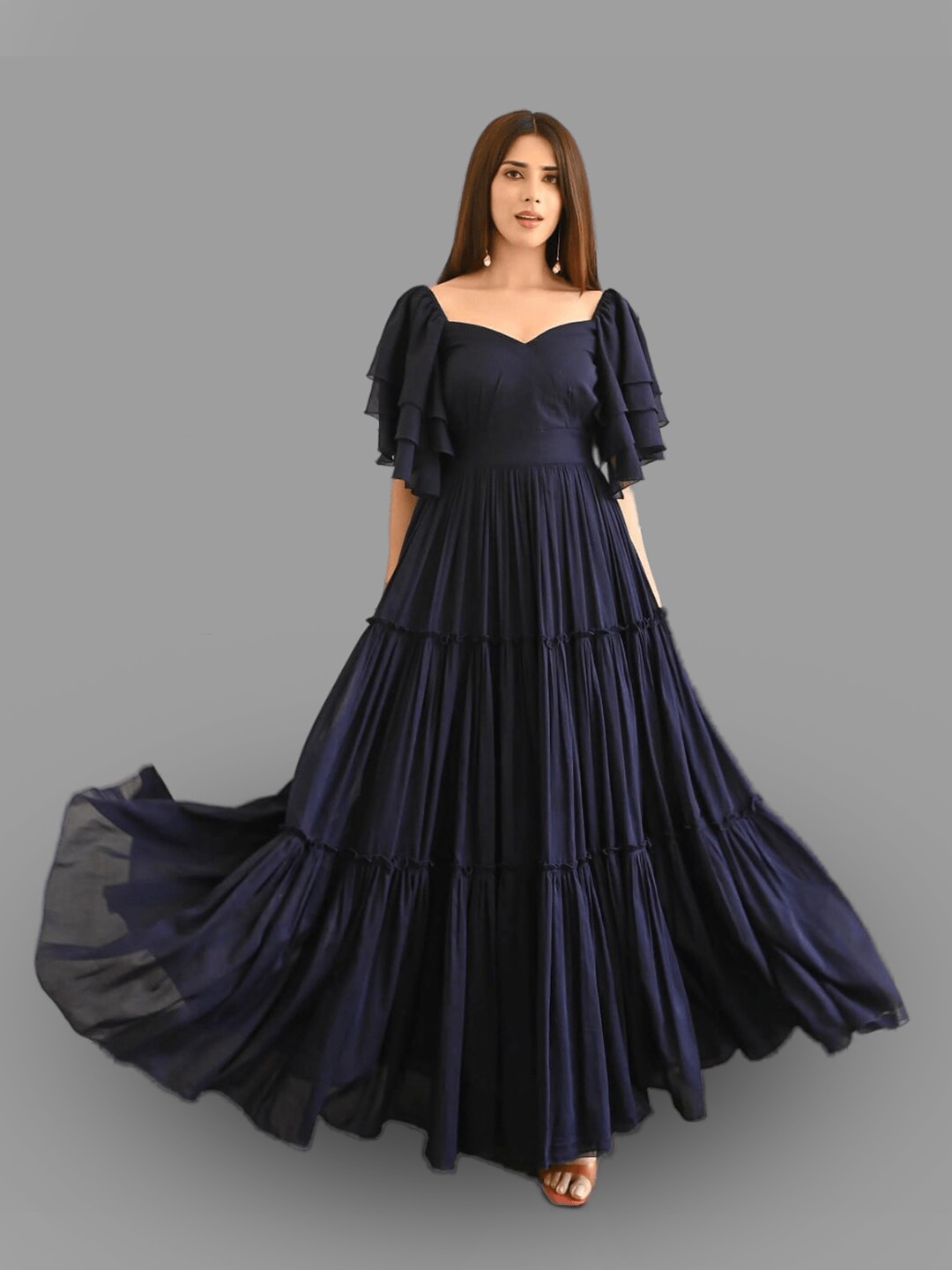 

SIDYAL Sweetheart Neck Flutter Sleeves Gathered Georgette Maxi Dress, Navy blue