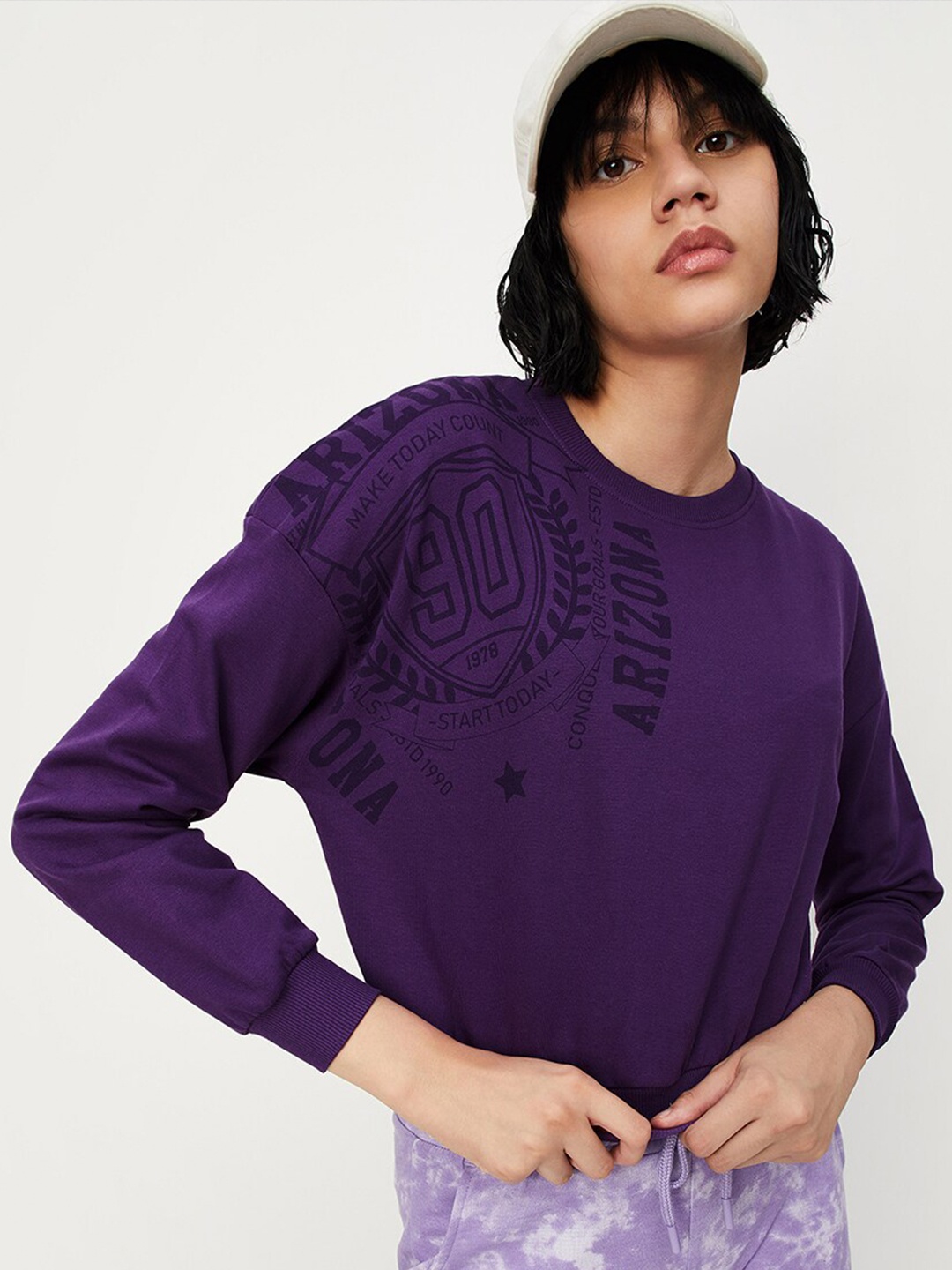 

max Typography Printed Pure Cotton Pullover Sweatshirt, Purple