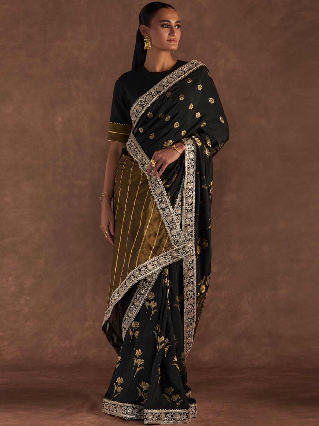 

Masaba Floral Embroidered Silk Blend Saree, Black