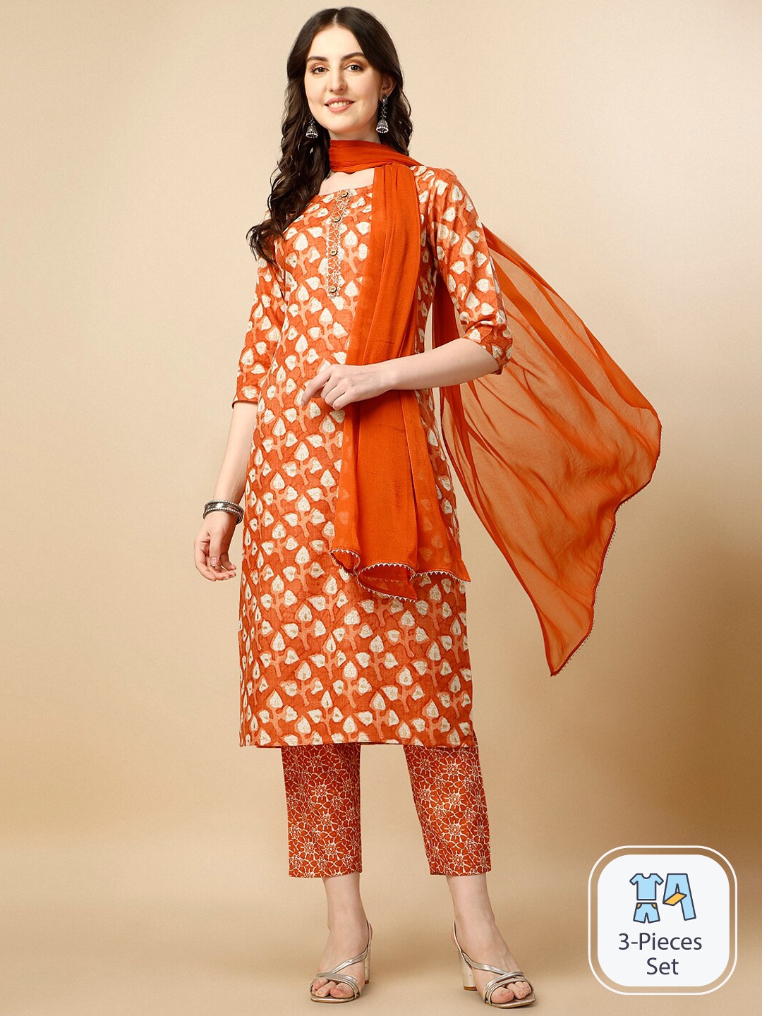 

KALINI Floral Printed Regular Pure Cotton Kurta With Trousers & Dupatta, Orange
