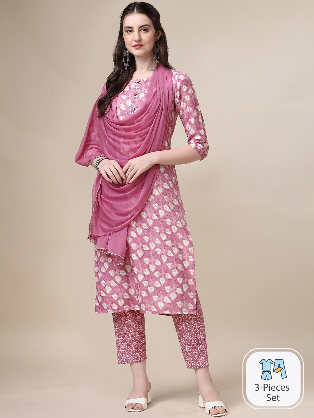 

KALINI Floral Printed Pure Cotton Kurta with Trousers & With Dupatta, Pink
