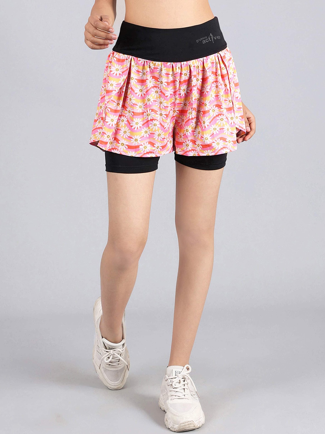 

DChica Women Floral Printed Skinny Fit Cycling High-Rise Sports Shorts, Peach