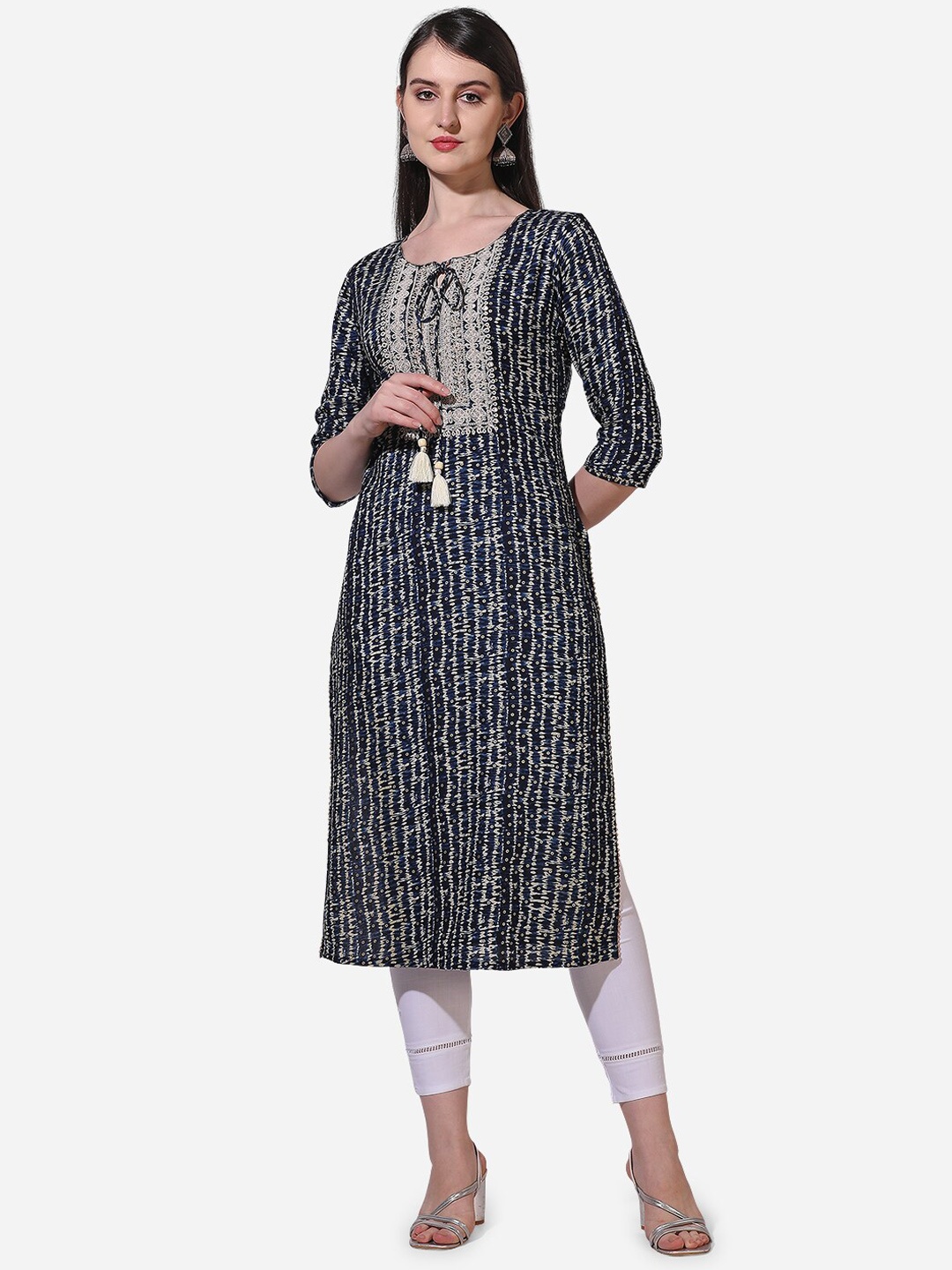 

KALINI Bandhani Printed Sequinned Regular Kurta, Navy blue