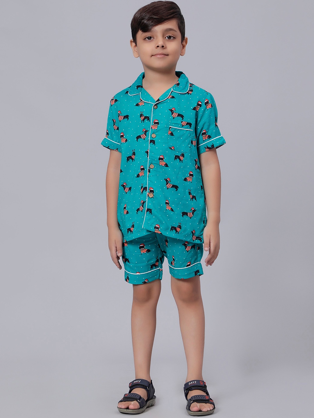 

Biglilpeople Boys Conversational Printed Shirt With Shorts, Green
