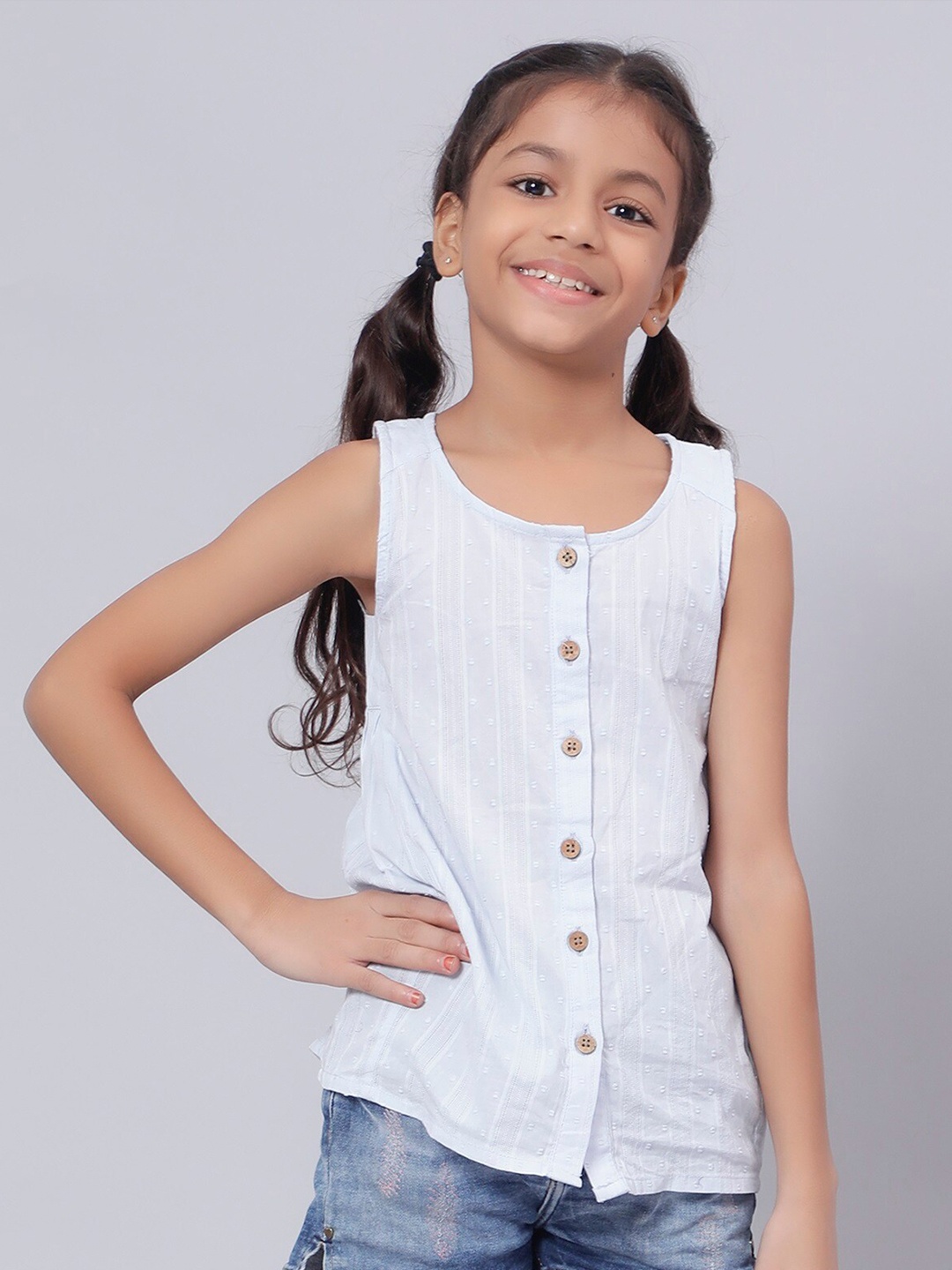 

Biglilpeople Girls Self Designed Cotton Top, Blue