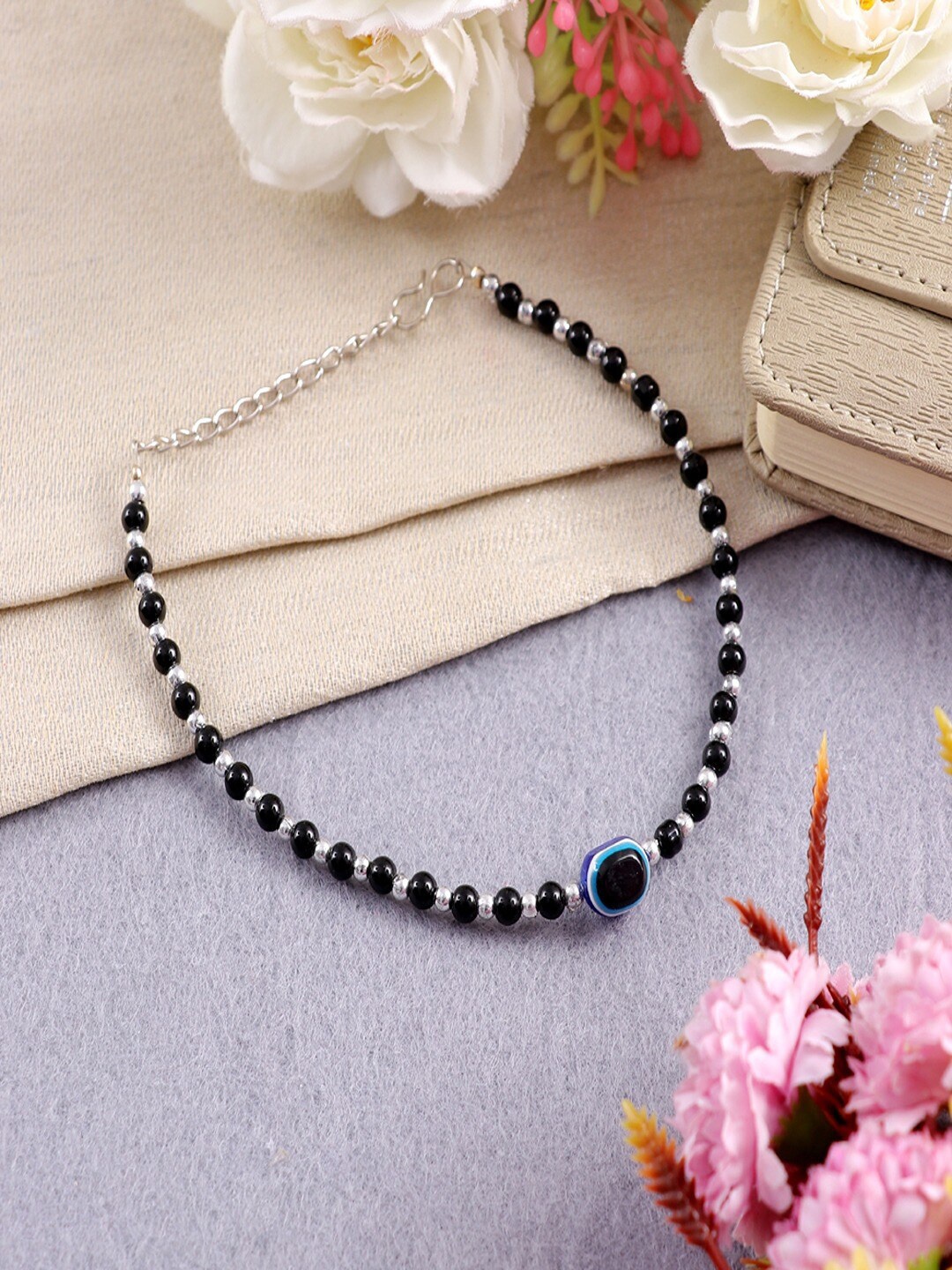 

UNIVERSITY TRENDZ Silver-Plated Beaded Evil-Eye Enamelled Anklets