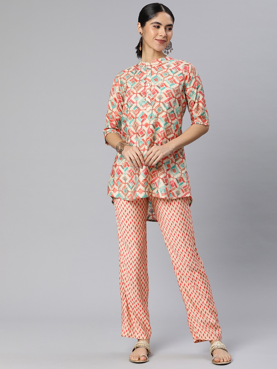 

Rani Saahiba Women Printed Tunic with Trousers, Beige
