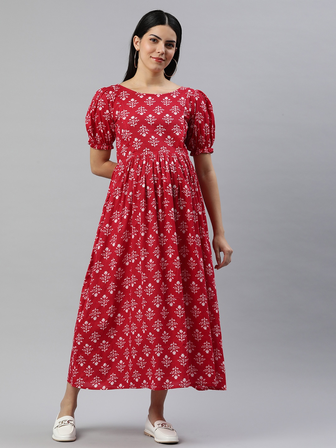 

Swishchick Floral Print Puff Sleeve Maternity Fit & Flare Maxi Dress, Red