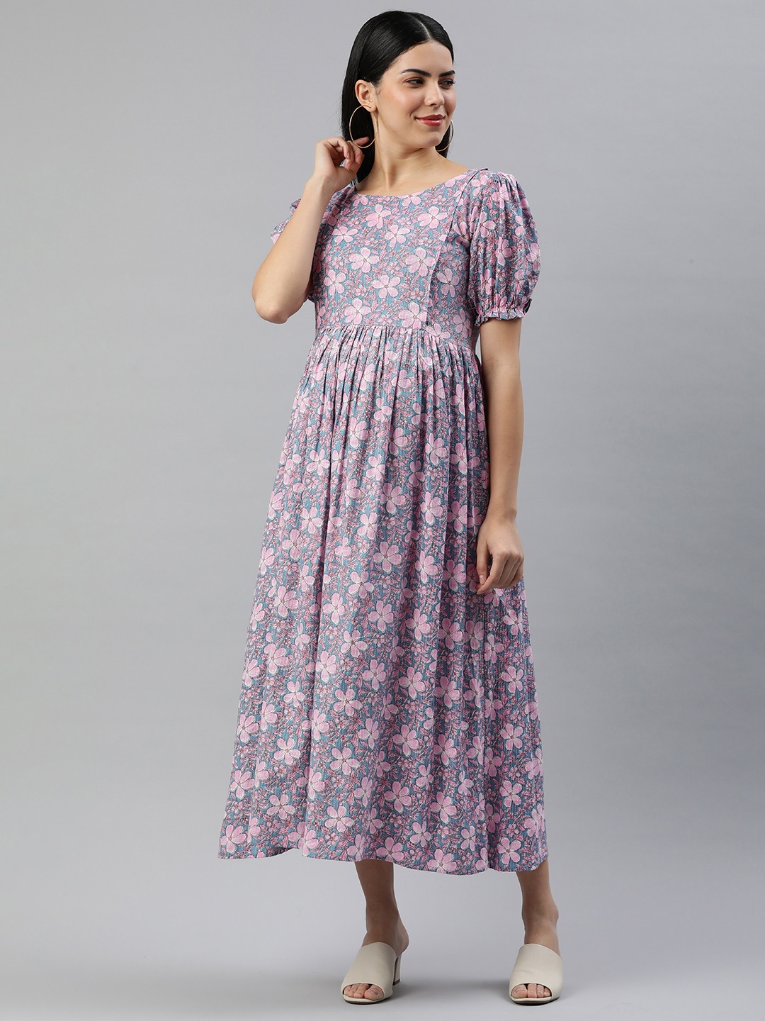 

Swishchick Floral Print Puff Sleeve Maternity Fit & Flare Maxi Dress, Grey