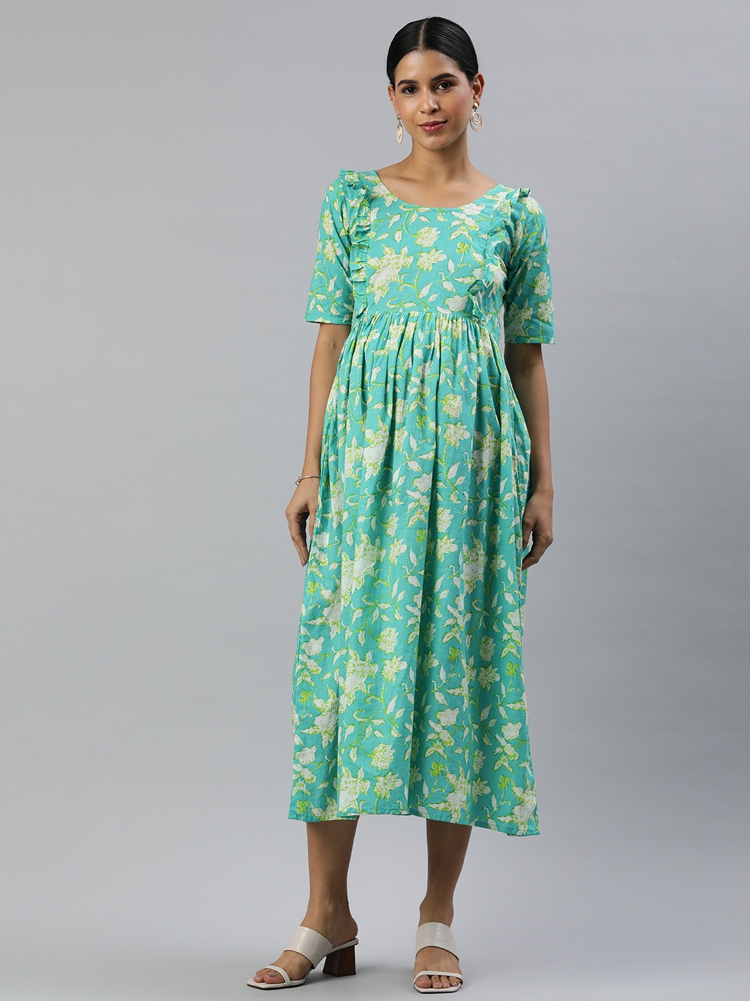 

Swishchick Floral Print Gathered Maternity Fit & Flare Midi Dress, Sea green