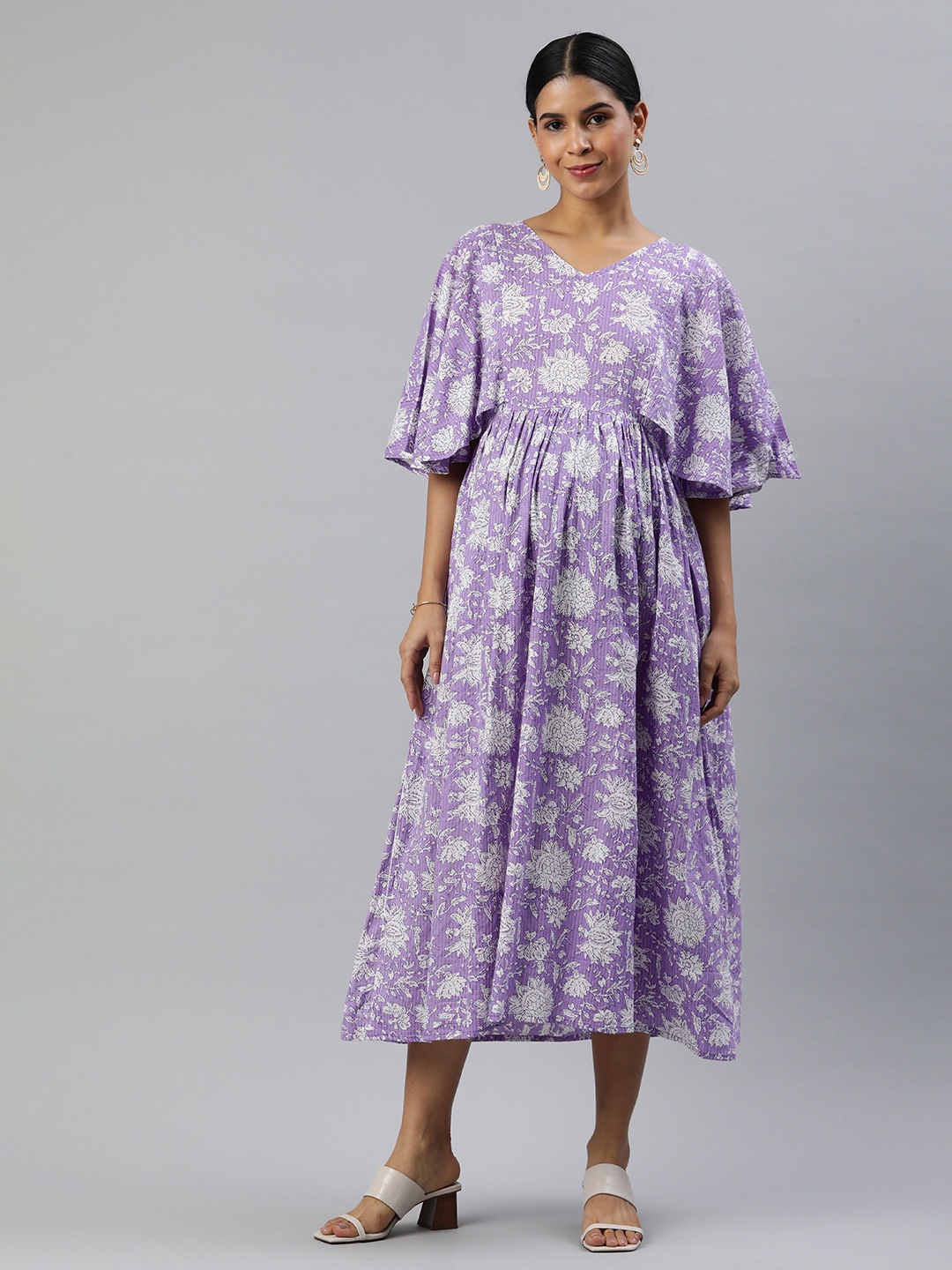 

Swishchick Floral Print Gathered Flared Sleeve Maternity Fit & Flare Midi Dress, Lavender