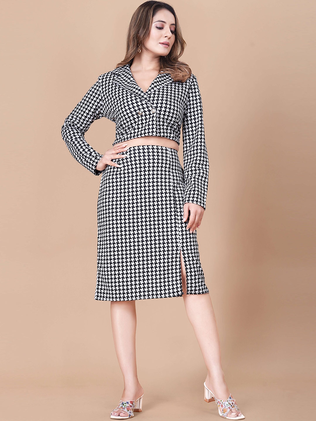 

SIDYAL Printed Double-Breasted Notched Lapel Collar Coat With Front Slit Skirt, White