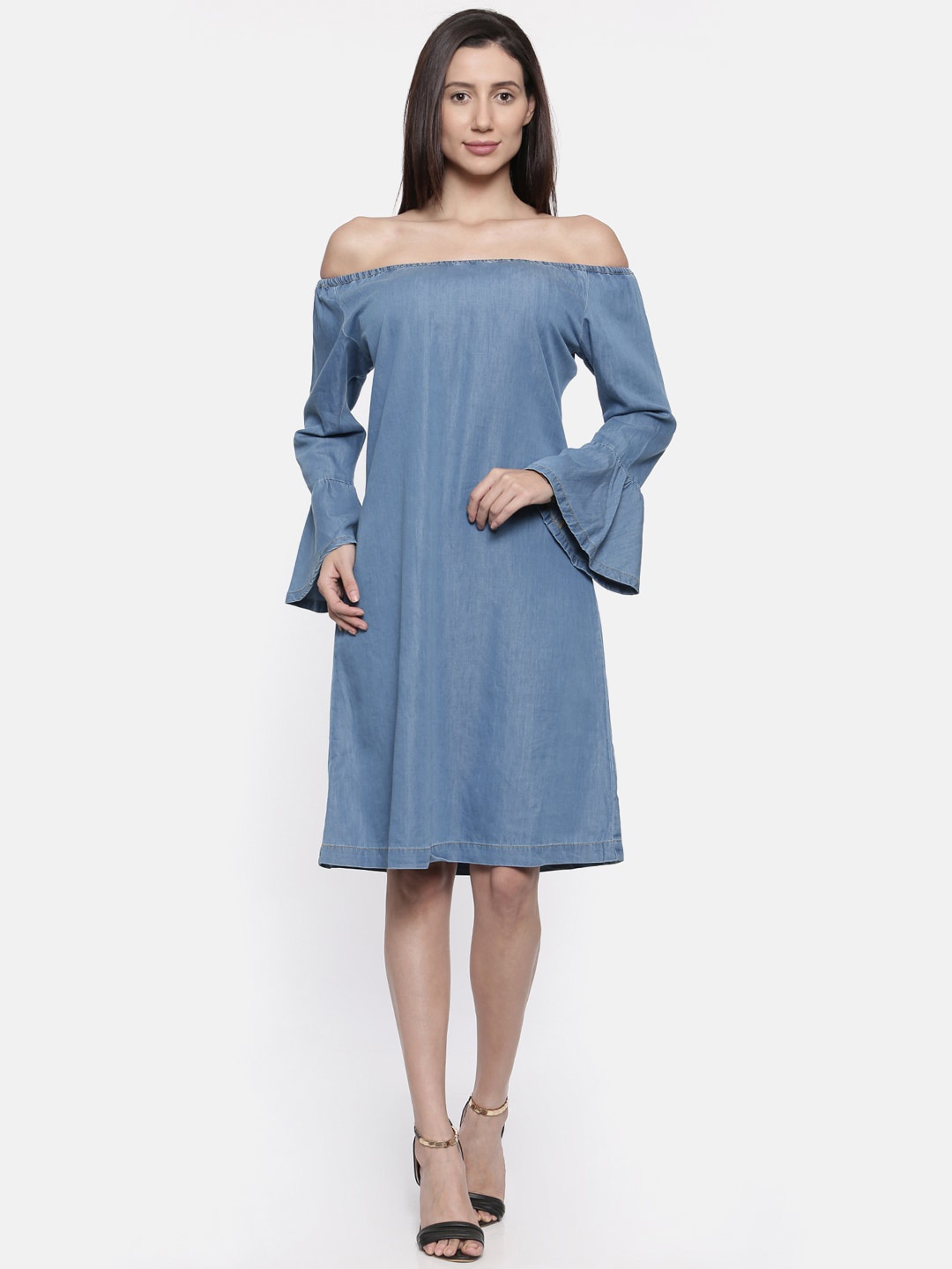 

Park Avenue Woman Blue Solid Off-Shoulder A-Line Dress