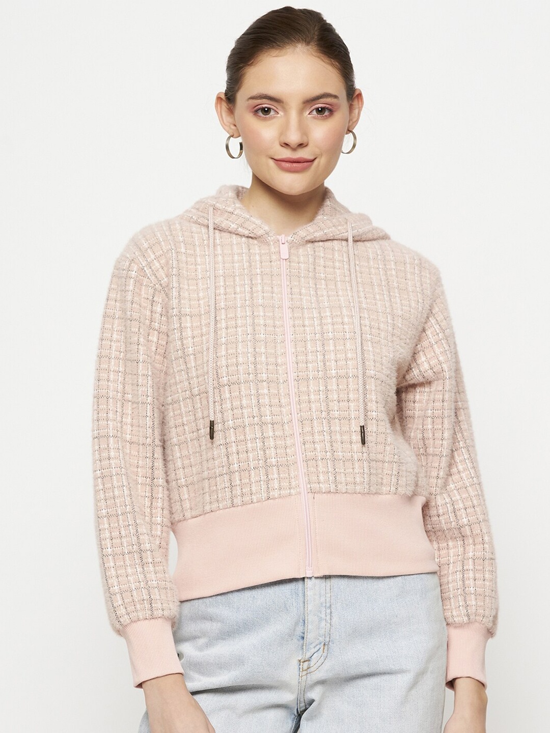 

Madame Checked Hooded Cotton Front Open Sweatshirt, Peach