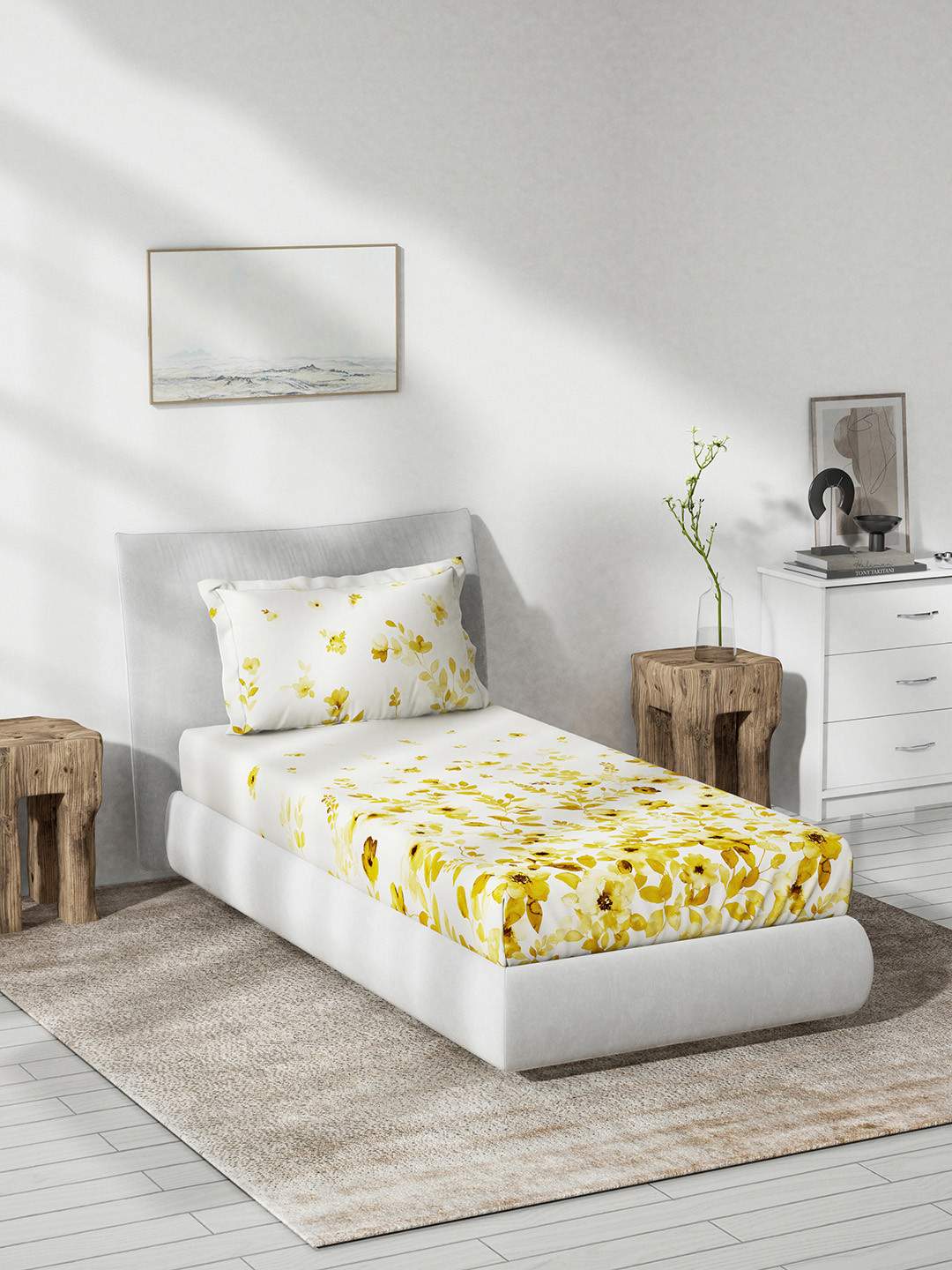 

DDecor Yellow & White Floral 140 TC Single Bedsheet with 1 Pillow Covers
