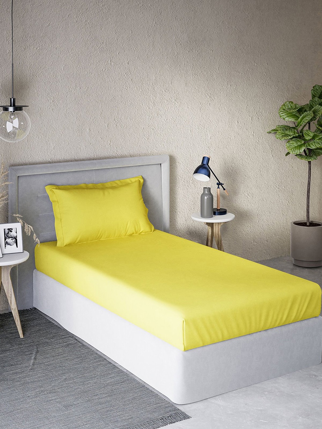 DDecor Yellow 180 TC Single Bedsheet with 1 Pillow Covers