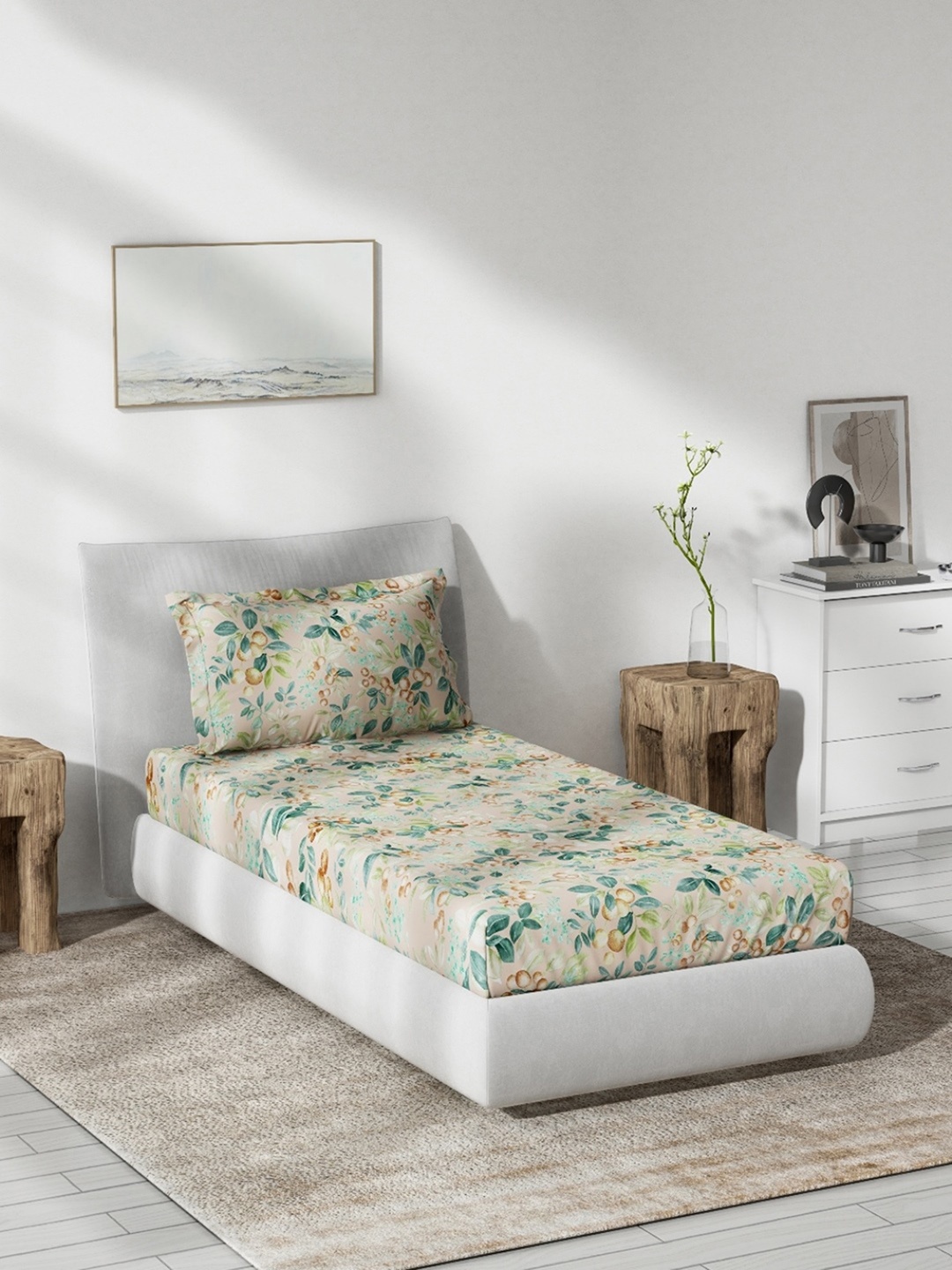 

DDecor Beige & Green Floral 140 TC Single Bedsheet with 1 Pillow Covers
