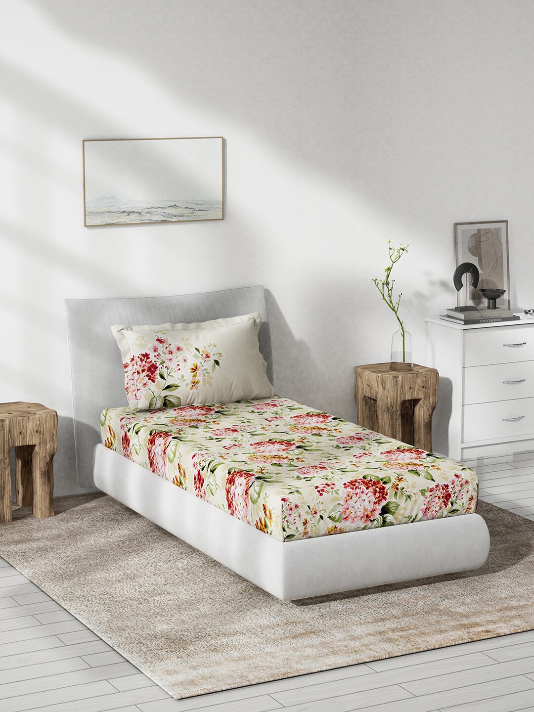 

DDecor Live Beautiful Cream-Coloured & Red Cotton 140 TC Single Bedsheet & 1 Pillow Cover