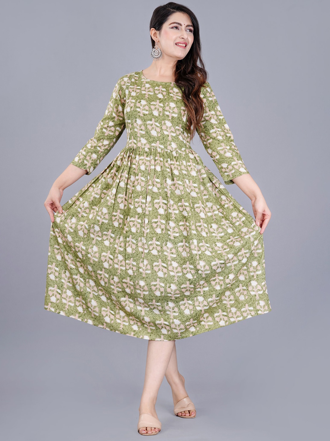 

TREND ME Ethnic Motifs Printed Maternity A-Line Ethnic Dress, Green